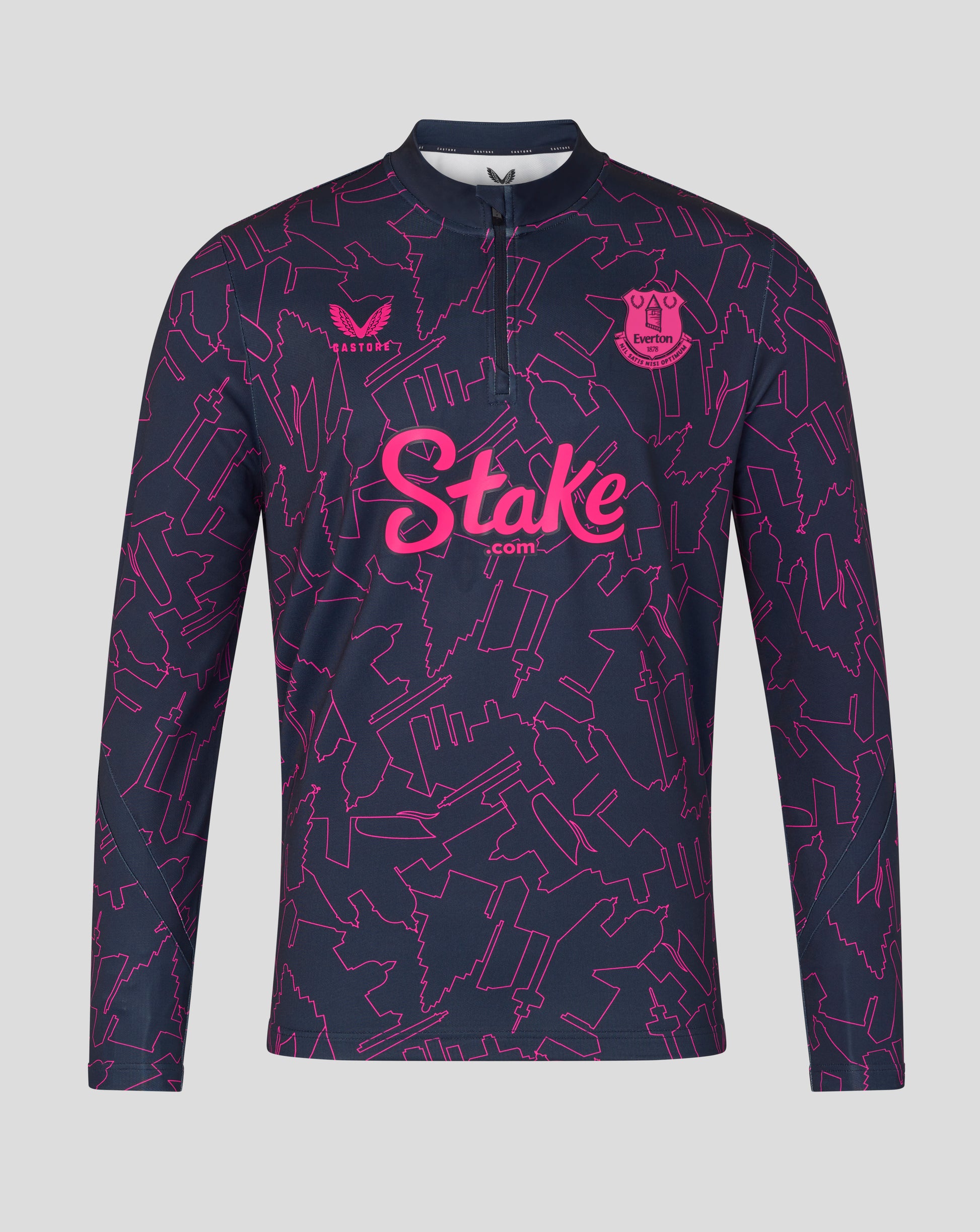 Navy long-sleeve shirt with pink pattern and 'Stake' branding on a gray background