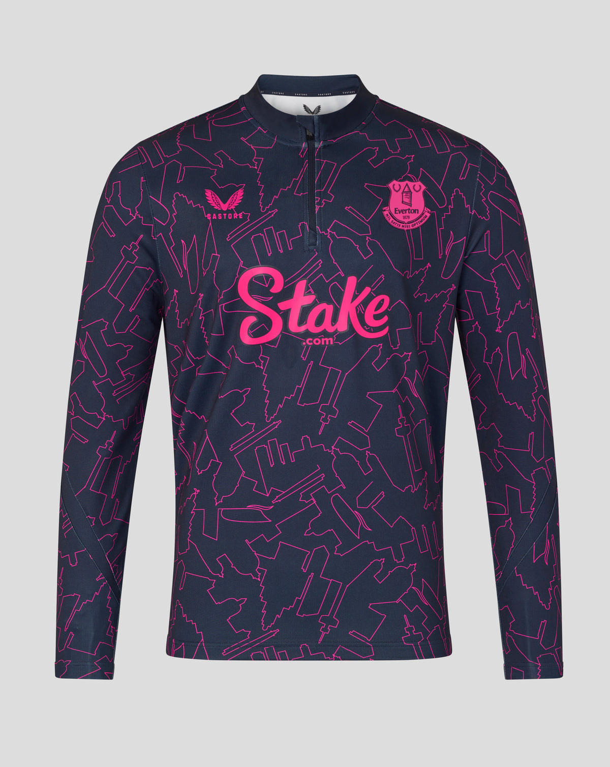 Navy long-sleeve shirt with pink pattern and 'Stake' branding on a gray background