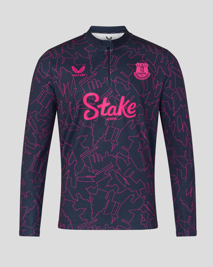 Navy long-sleeve shirt with pink pattern and 'Stake' branding on a gray background