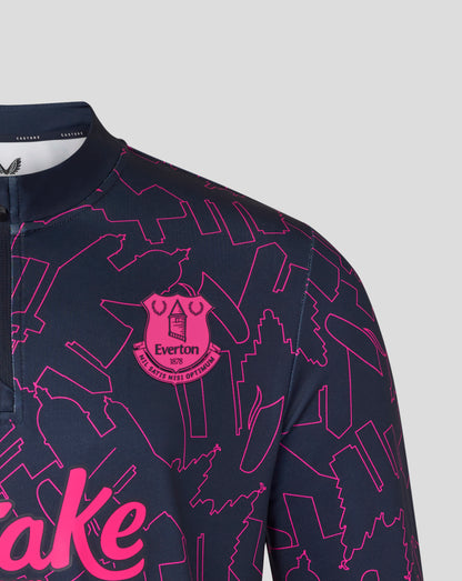 Navy sports jersey with pink graphics and logo on a gray background