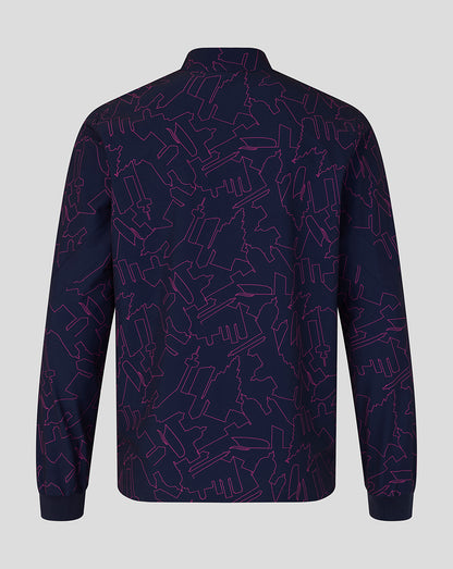 Navy blue shirt with abstract pattern on a light gray background