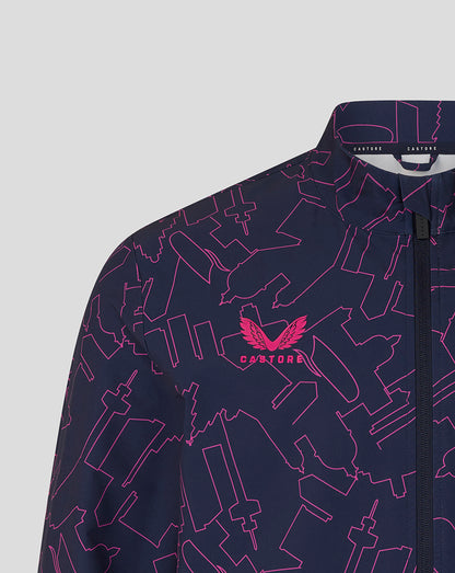 Navy jacket with pink geometric pattern and brand logo on a light gray background