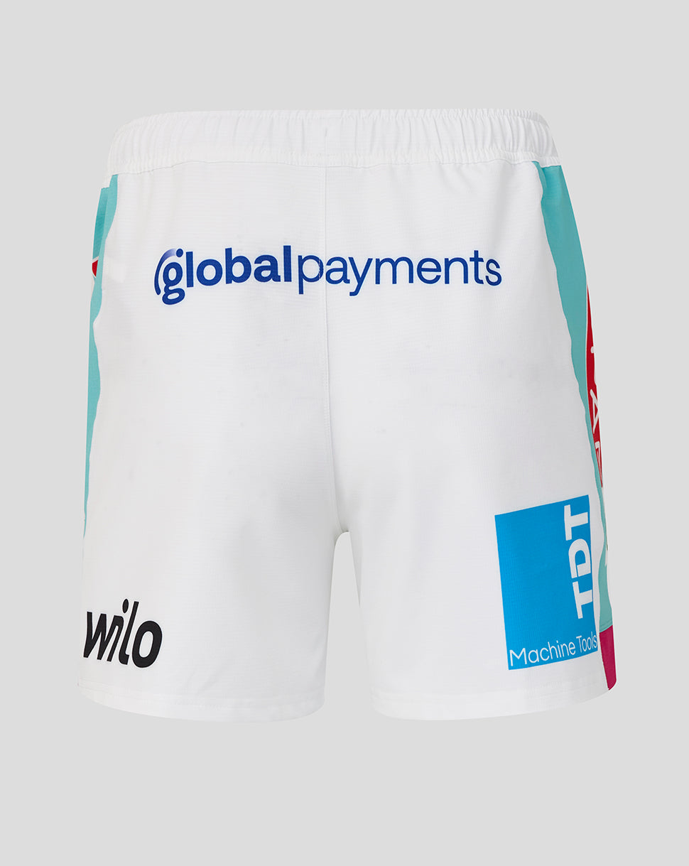 White shorts with 'global payments' and 'wilo' branding on a light gray background
