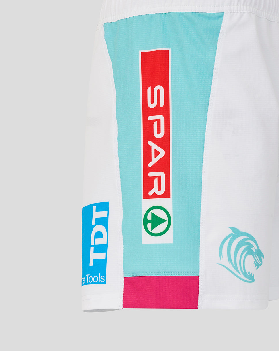 Colorful shorts with various logos on a white background