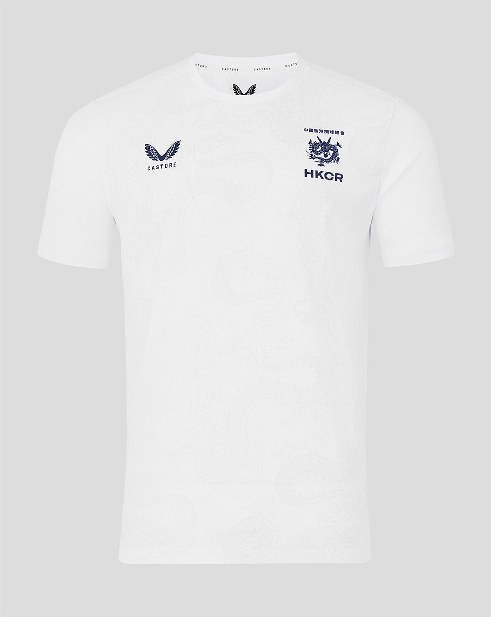 White t-shirt with embroidered logos on a light gray background