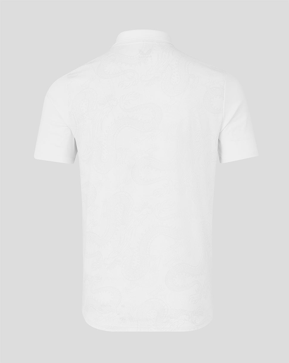 White polo shirt on a light gray background
