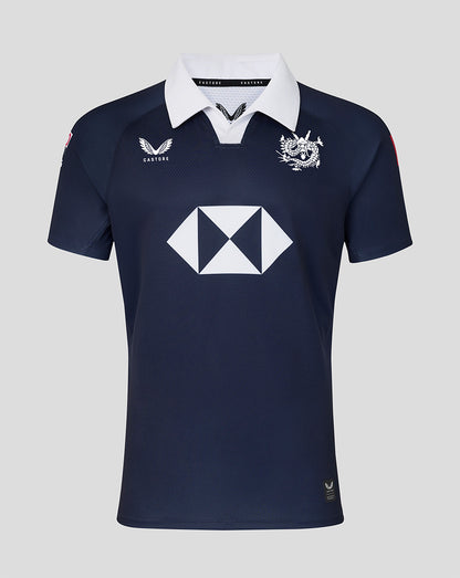 Navy blue sports jersey with white logo and collar on a light gray background