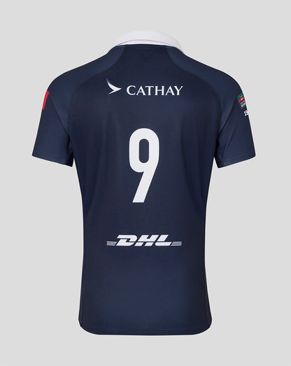 Navy blue sports jersey with 'Cathay' and 'DHL' logos on a gray background