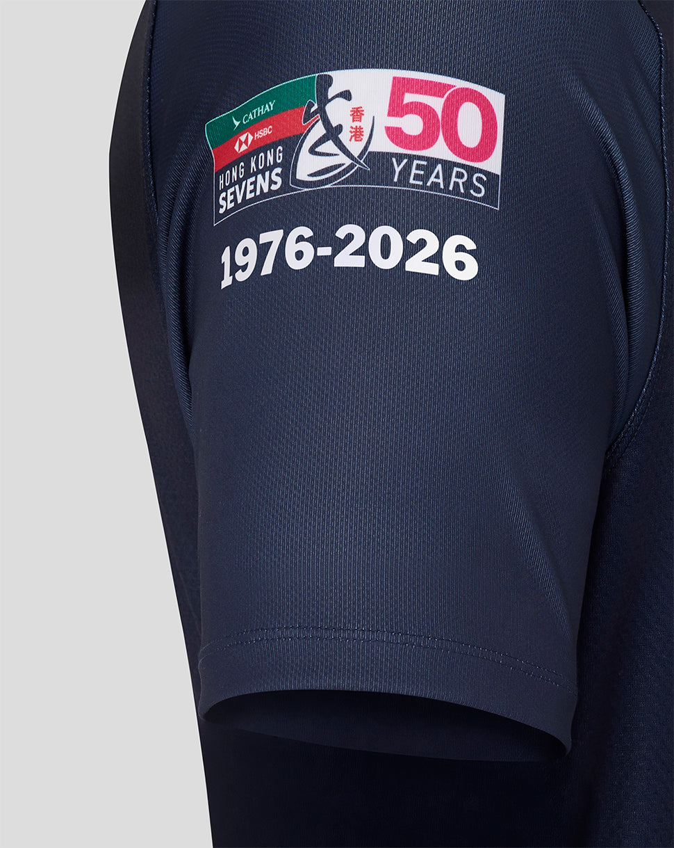Navy blue shirt with 'Hong Kong Sevens' 50th anniversary logo on a light gray background
