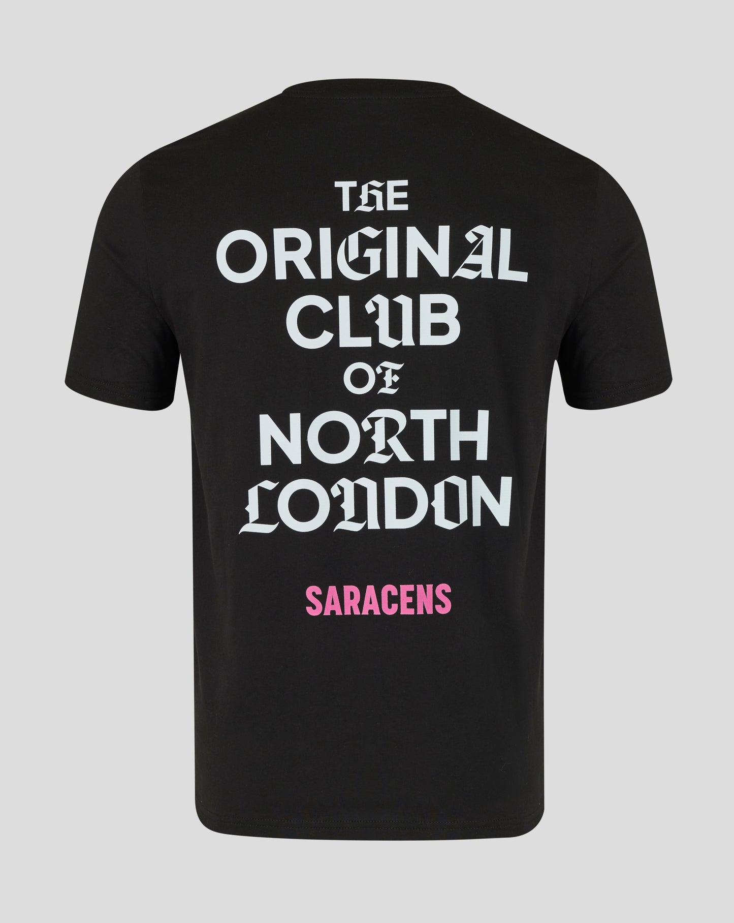 Black t-shirt with white and pink text on a gray background