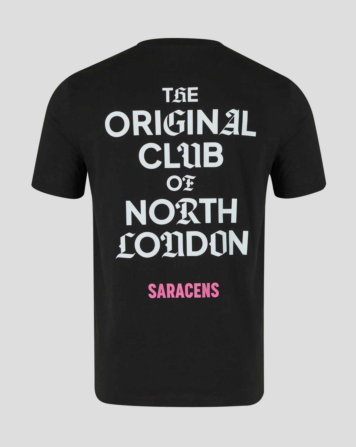 Black t-shirt with white and pink text on a gray background