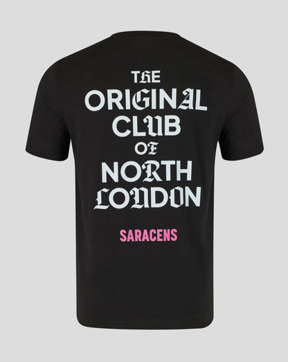 Black t-shirt with white and pink text on a gray background