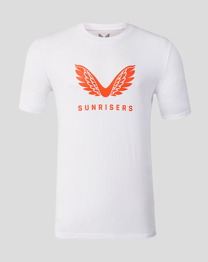 White Mens Sunrisers Leeds The Hundred Big Wings T Shirt with orange wing logo on chest