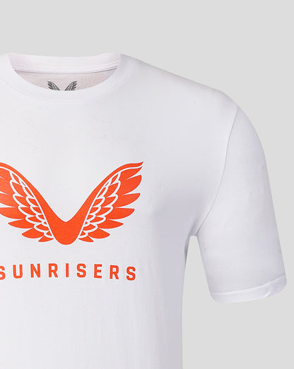 Close up of white Sunrisers Leeds The Hundred Big Wings T Shirt showing bold orange wing graphic on the chest area