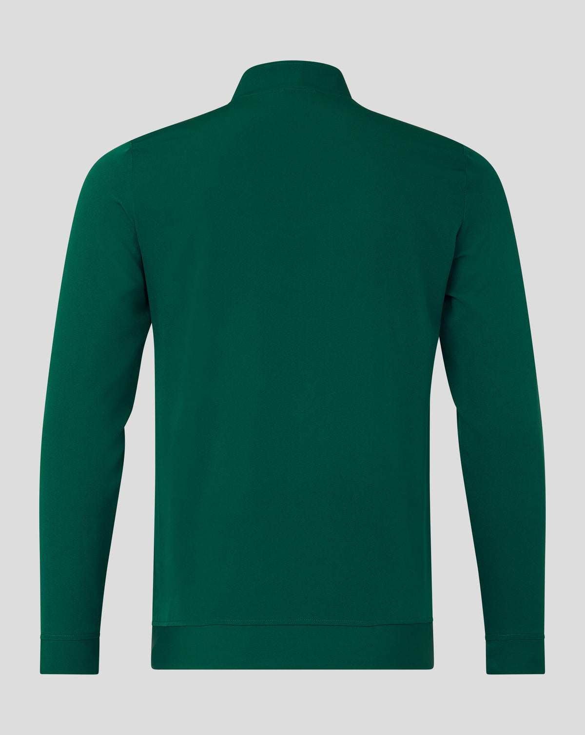Back view of deep green mens track jacket with a structured shoulder line and funnel neck