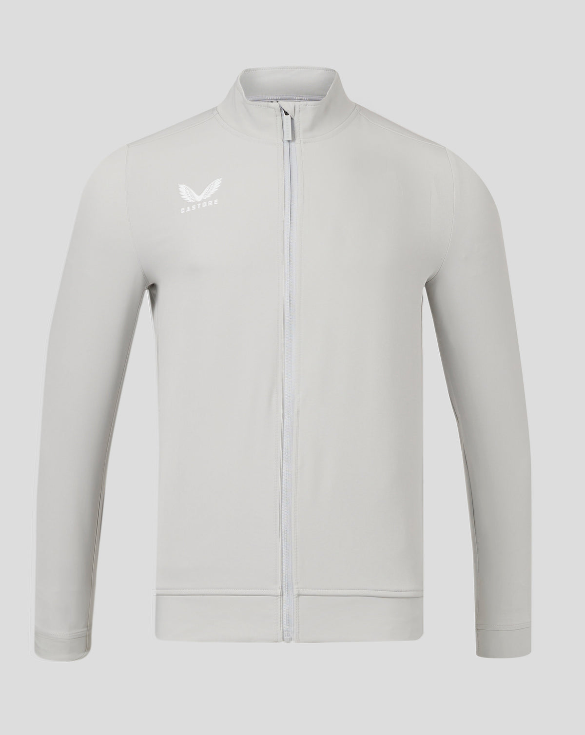 Light grey mens track jacket with funnel neck and full front zipper, left chest Castore logo.