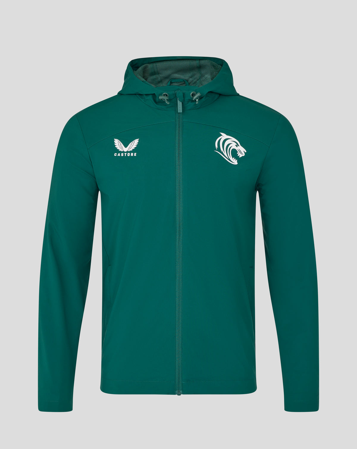 Leicester Tigers training rain jacket in botanical garden green front with hood and white Castore wing logo on left chest and tiger crest on right