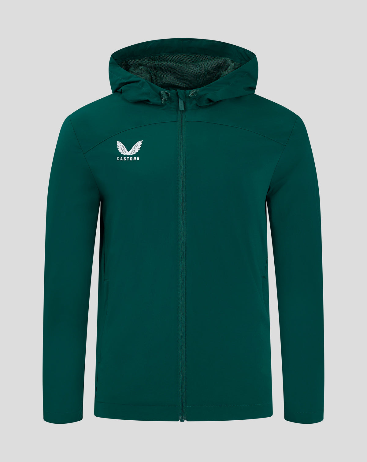 Front view of a dark green mens rain jacket with hood, full zip and white Castore logo on the left chest.