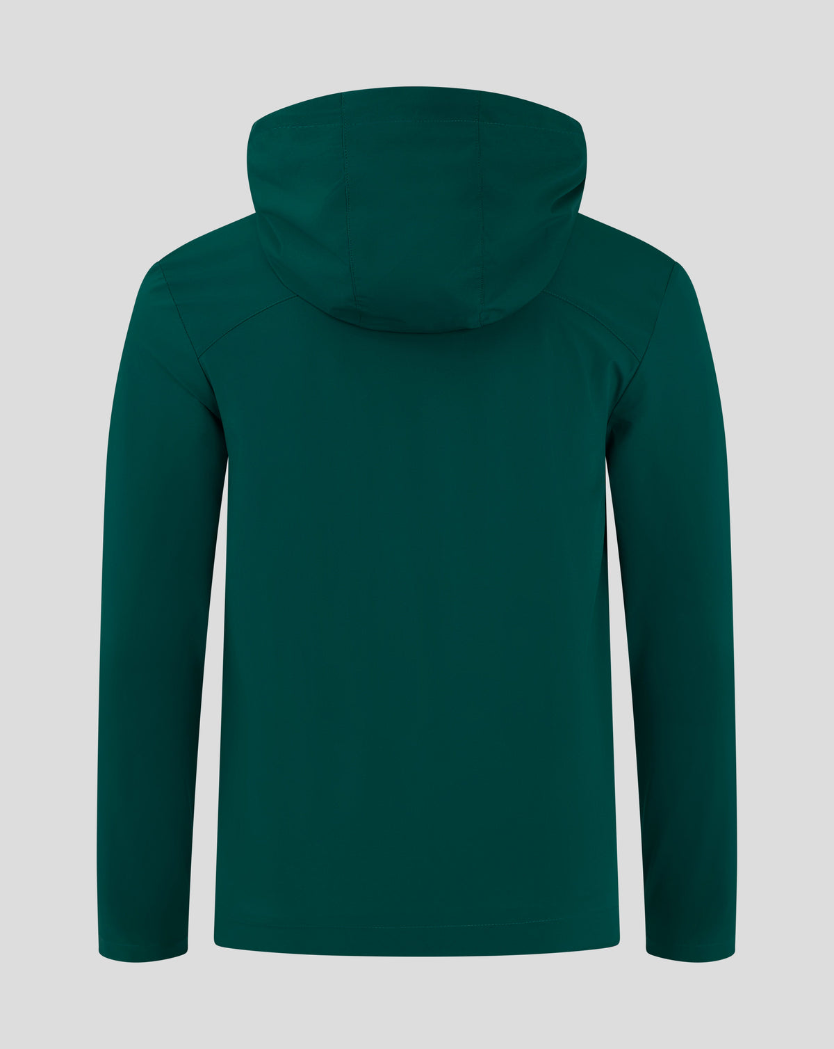 Back view of green Castore rain jacket with hood, showing shoulder seams and clean silhouette.