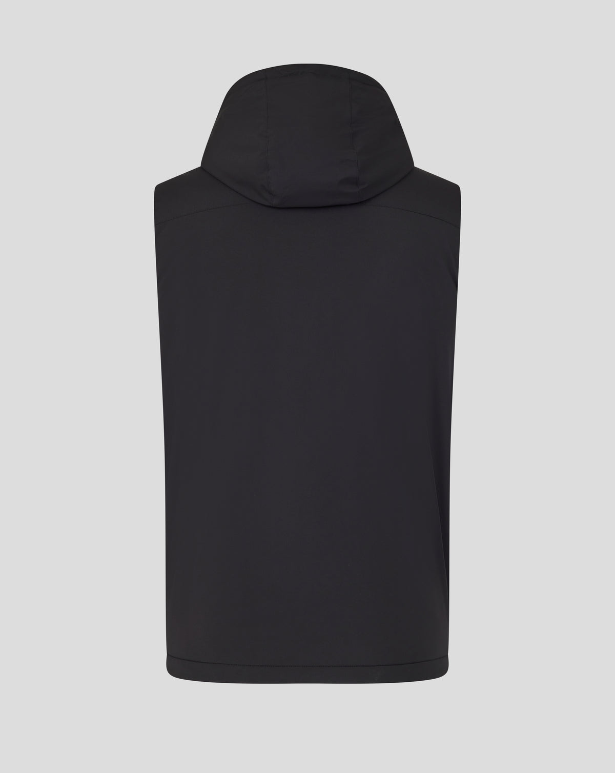 Back view of black hooded training gilet with hood and clean back seam