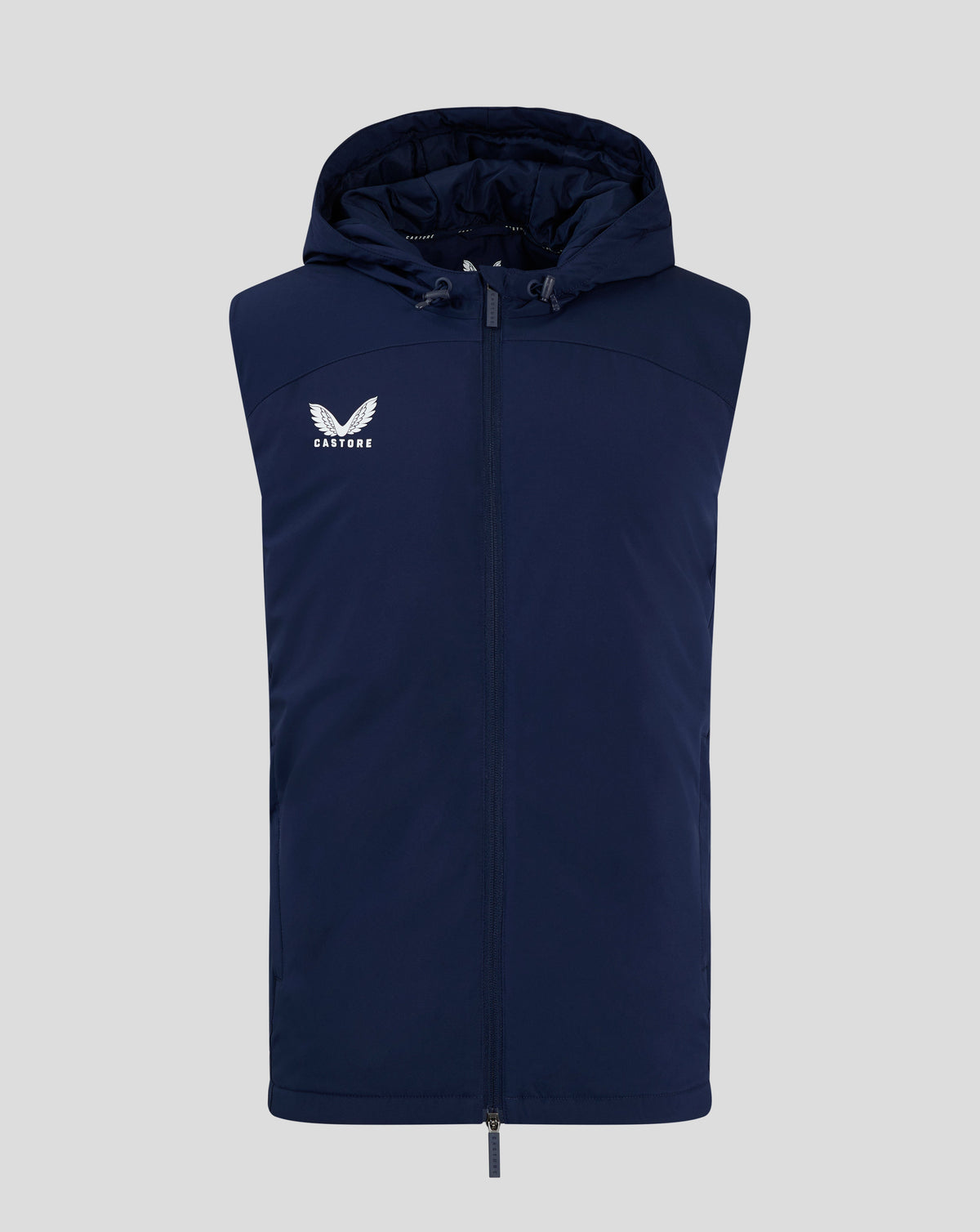 Front view of navy padded gilet with hood and full-length zip; Castore logo on the left chest