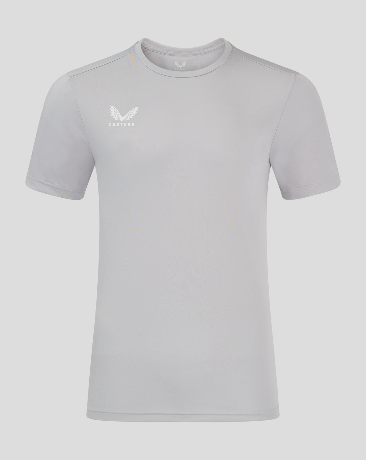 Front view of light gray men's performance tee with white Castore wing logo on left chest