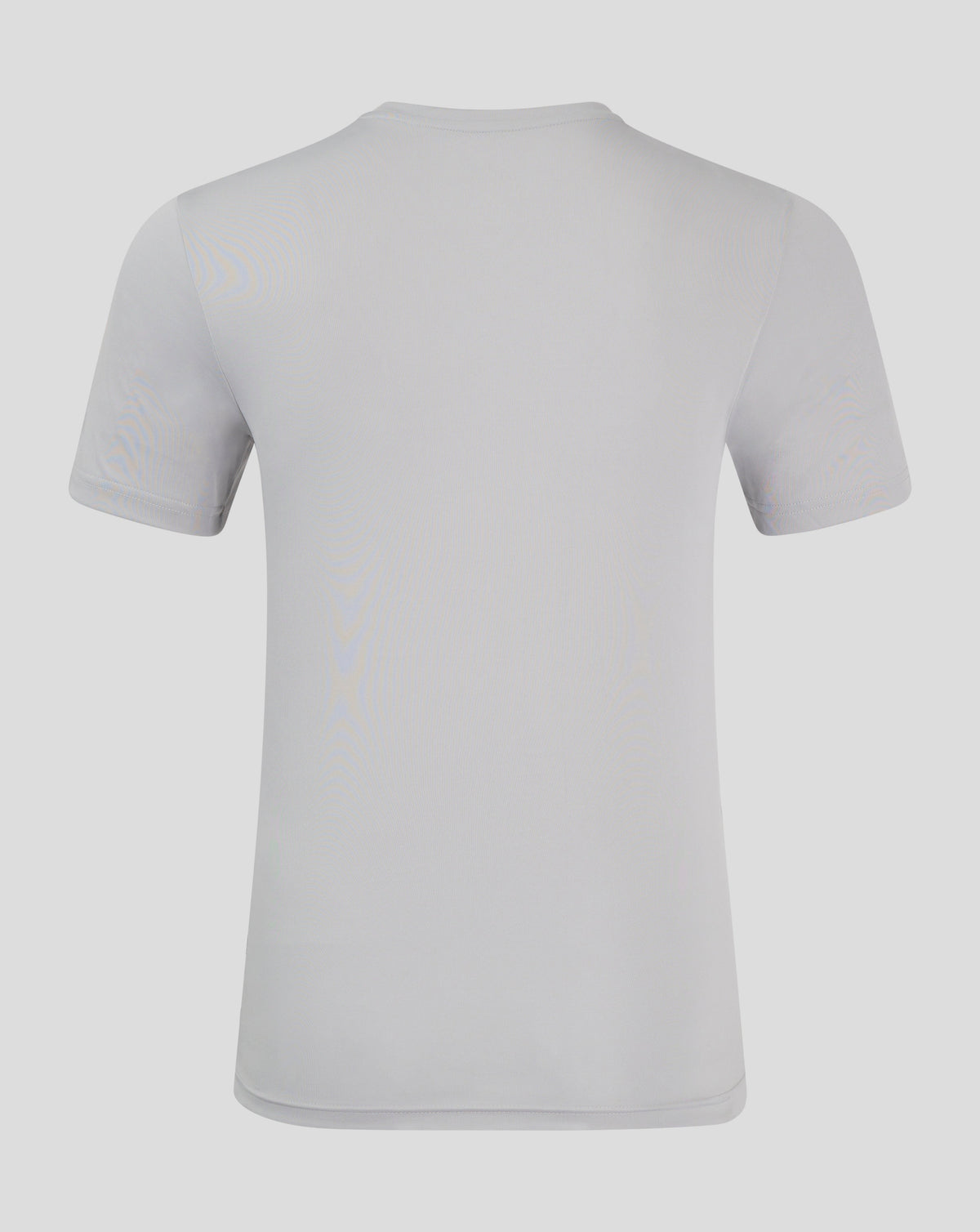 Back view of light gray performance tee featuring crew neck and shoulder seam
