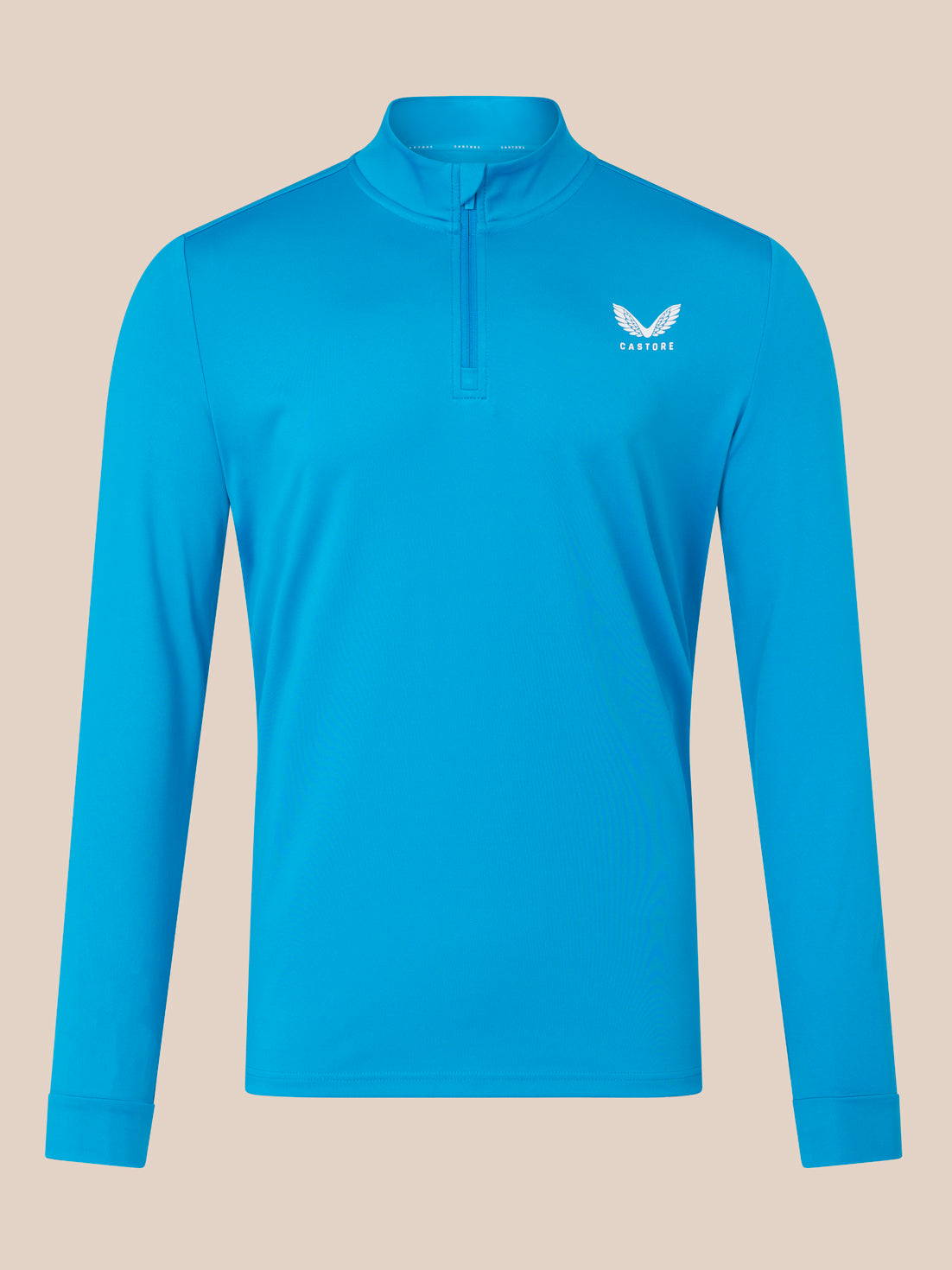 Blue long-sleeve shirt with a brand logo on a beige background
