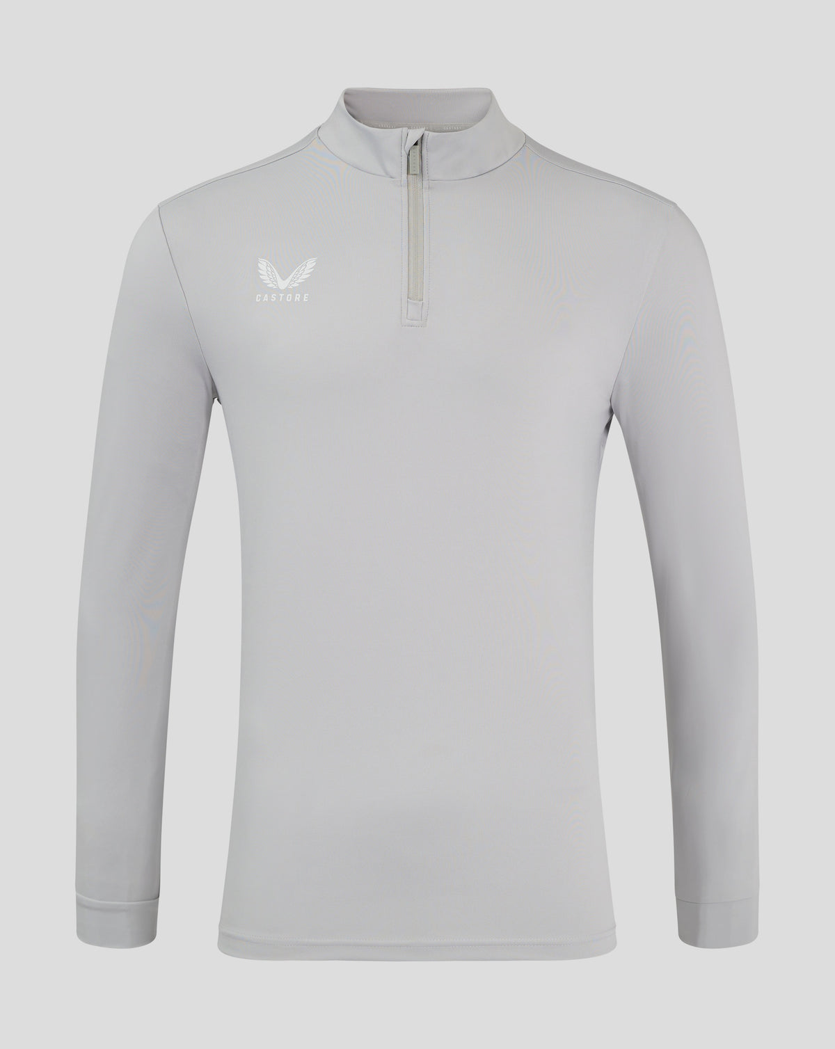 Front view of light grey Mens 1/4 Zip High Rise with funnel neck and Castore logo