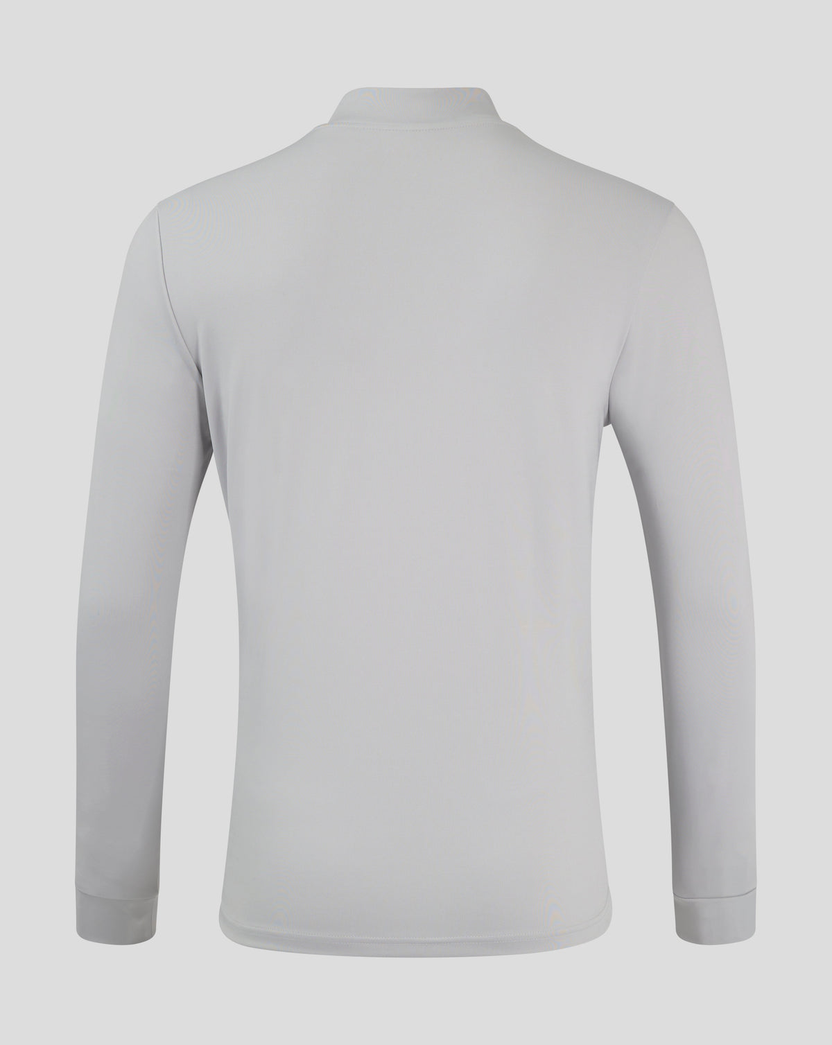 Back view of light grey 1/4 Zip High Rise top with clean shoulder seams and set in sleeves