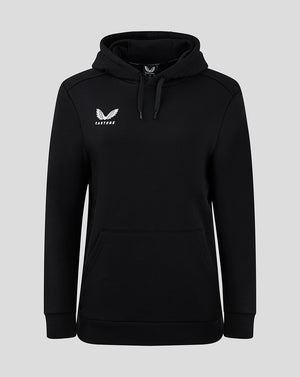 Black Castore hoodie with white wing logo on the chest and a drawstring hood