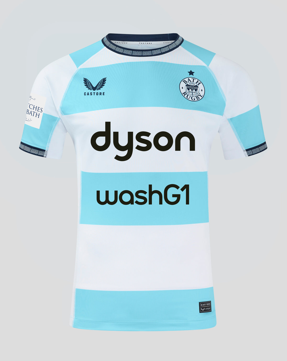 Bath Rugby Euro Pro short sleeve jersey in white and light blue with Castore logo on left chest and Bath Rugby crest on right chest