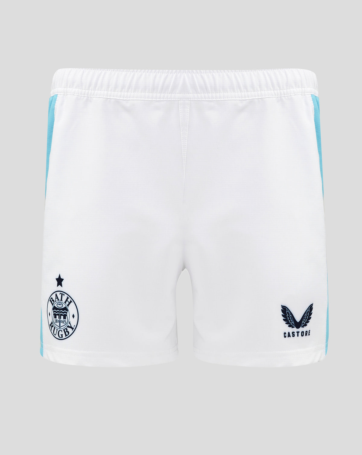 Back view of white Bath Rugby Euro Pro Shorts with turquoise side panels and Bath Rugby crest along with Castore logo