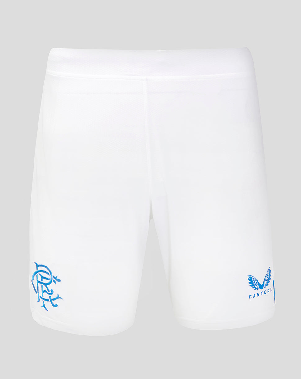Back view of white Rangers Away Shorts showing blue Rangers crest on left leg and Castore logo on right leg