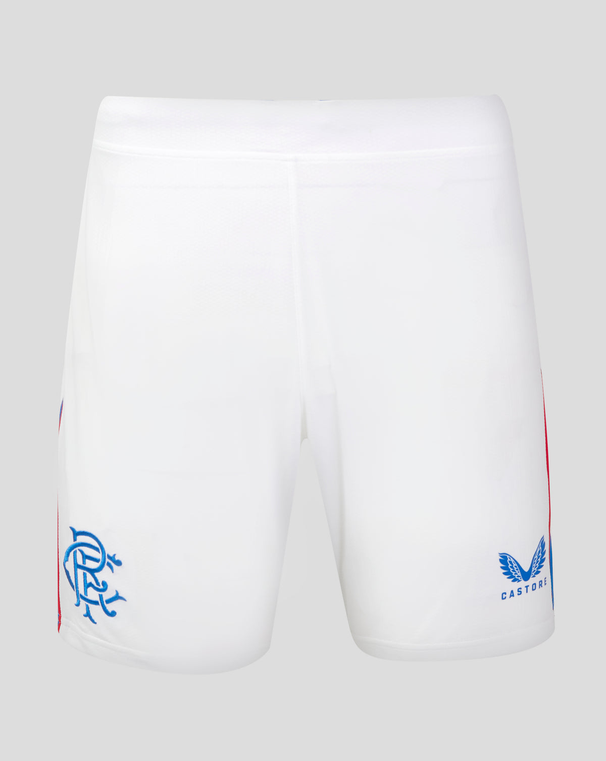 Front view of Rangers 24/25 Home Shorts with drawcord waistband contrast side panels and right thigh crest