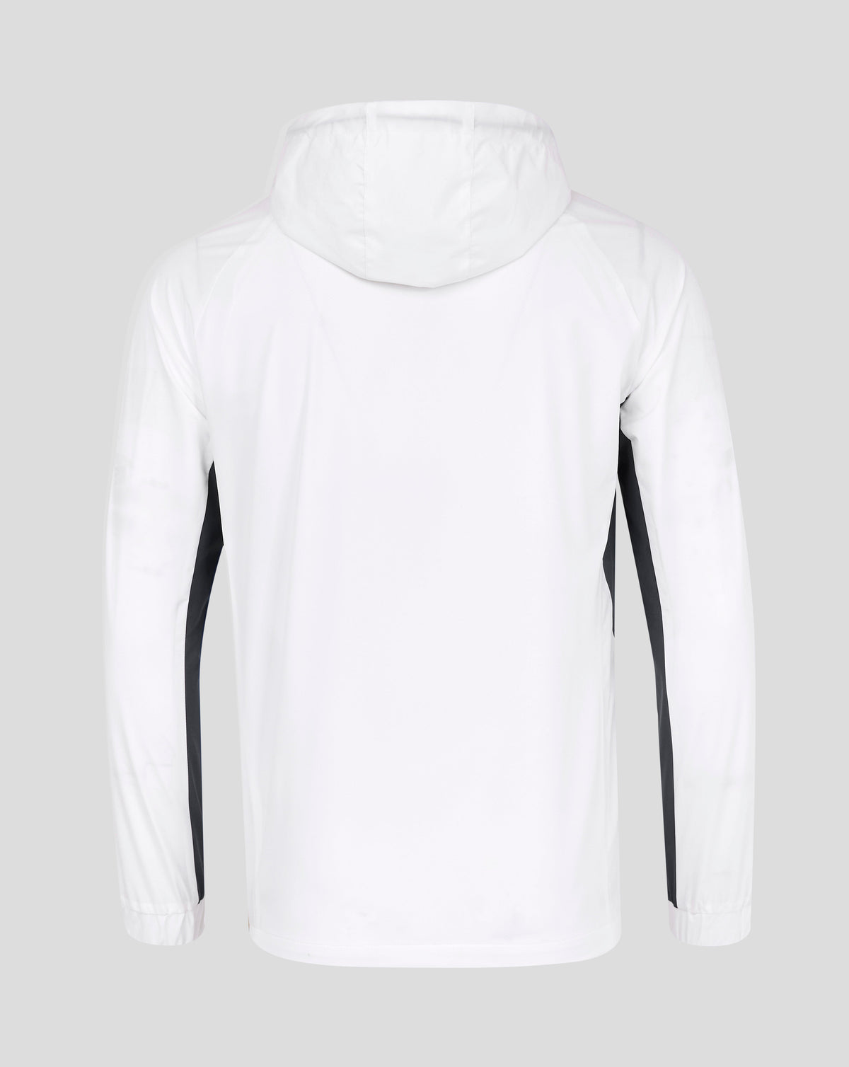 Back view of white Rangers 24/25 women's pro training rain jacket with hood and black side panels