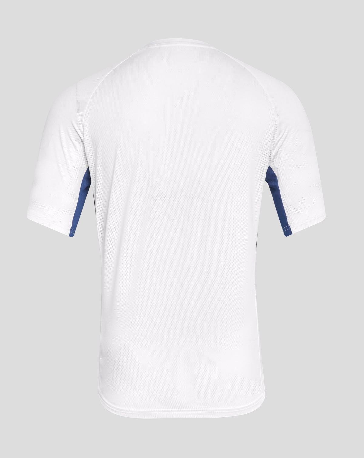 Back view of white Rangers training short sleeve tee with blue side panels and subtle mesh texture