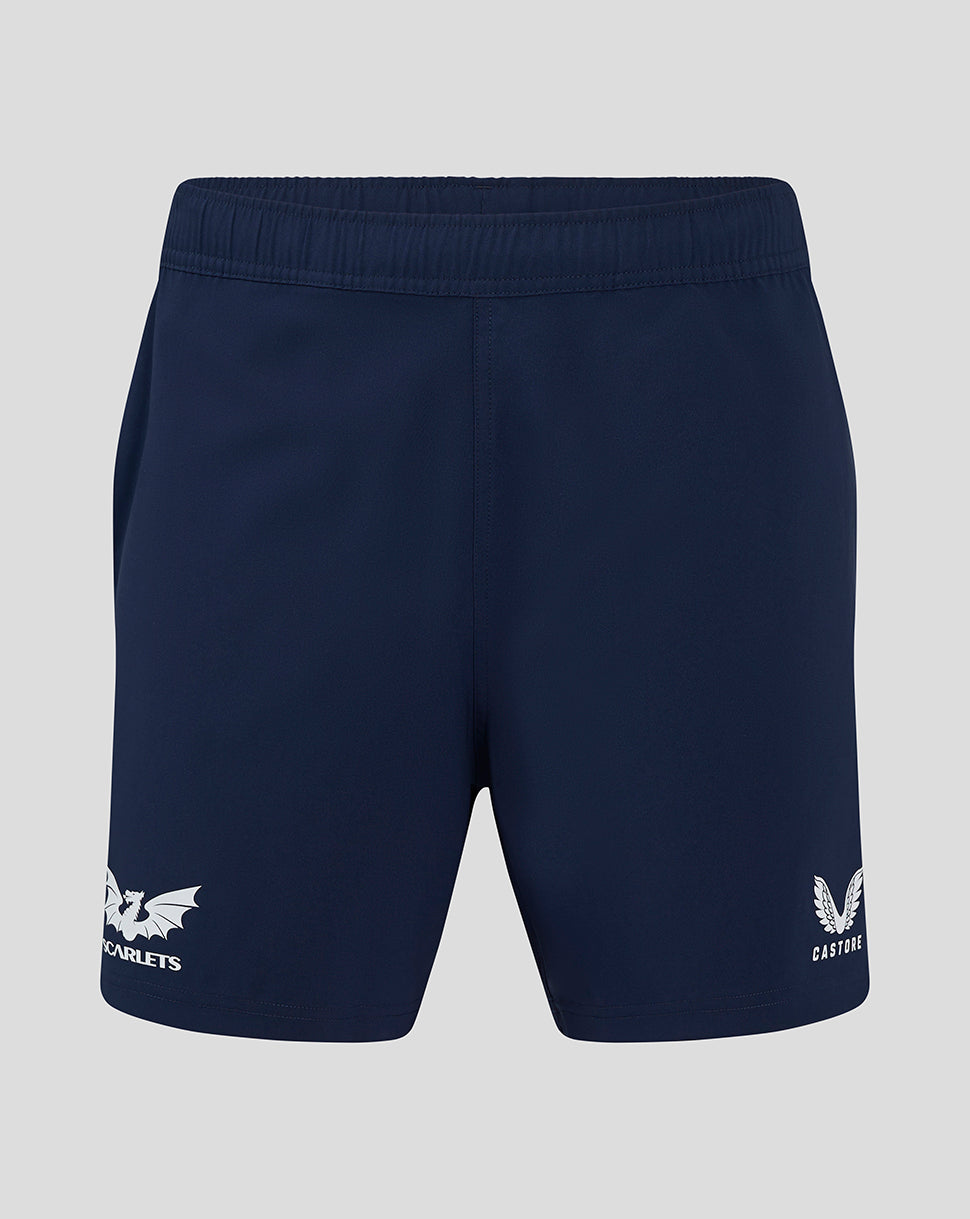 Navy Scarlets training rugby shorts with elastic waistband and Scarlets dragon logo on left leg and Castore logo on right leg