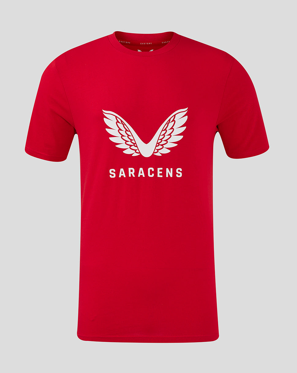 Red Saracens Men's 24/25 Training Logo Tee featuring a large white winged crest on the chest