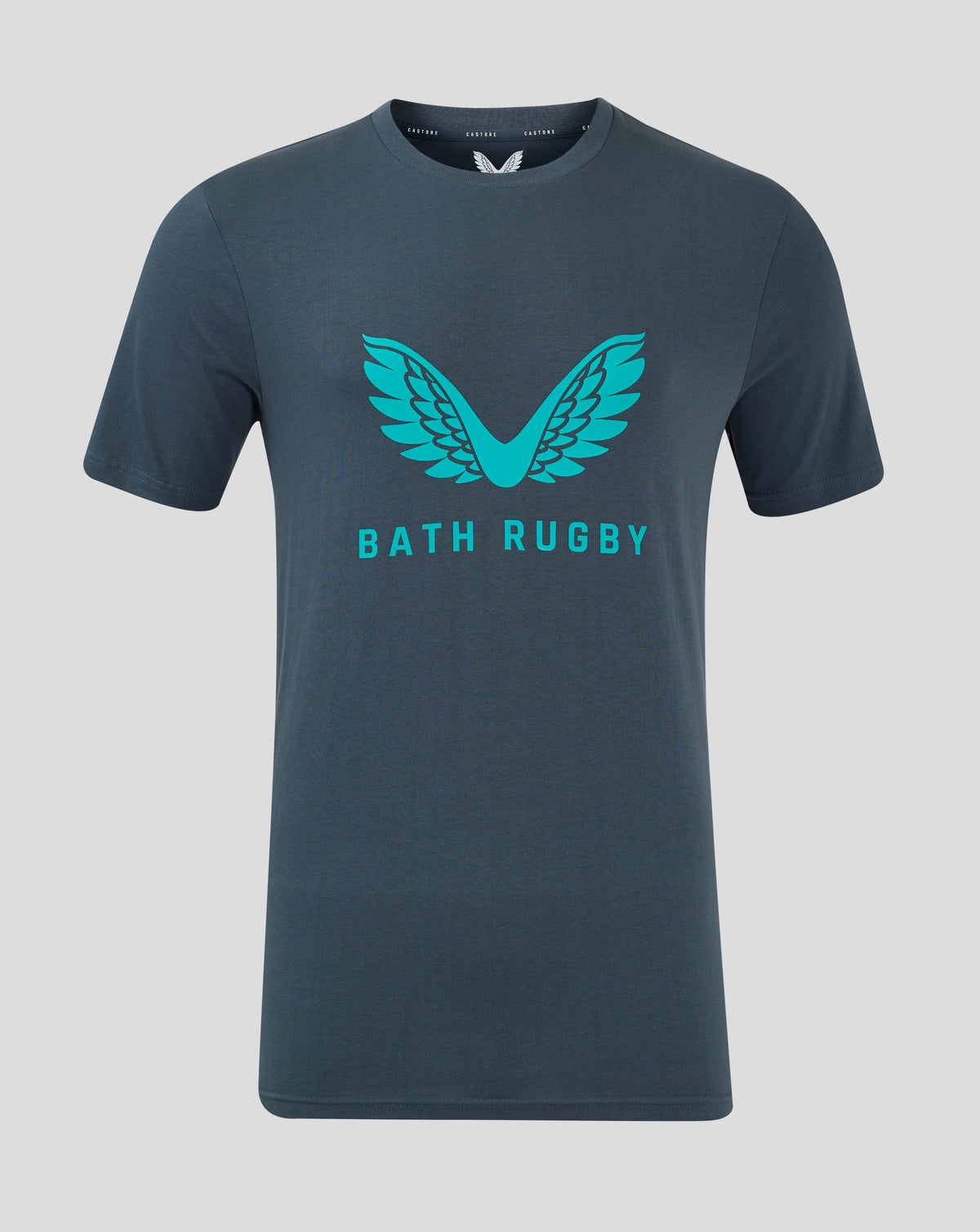 Junior Bath Rugby logo T-shirt in dark slate with viridian green wing on the chest, round neck and dropped hem.