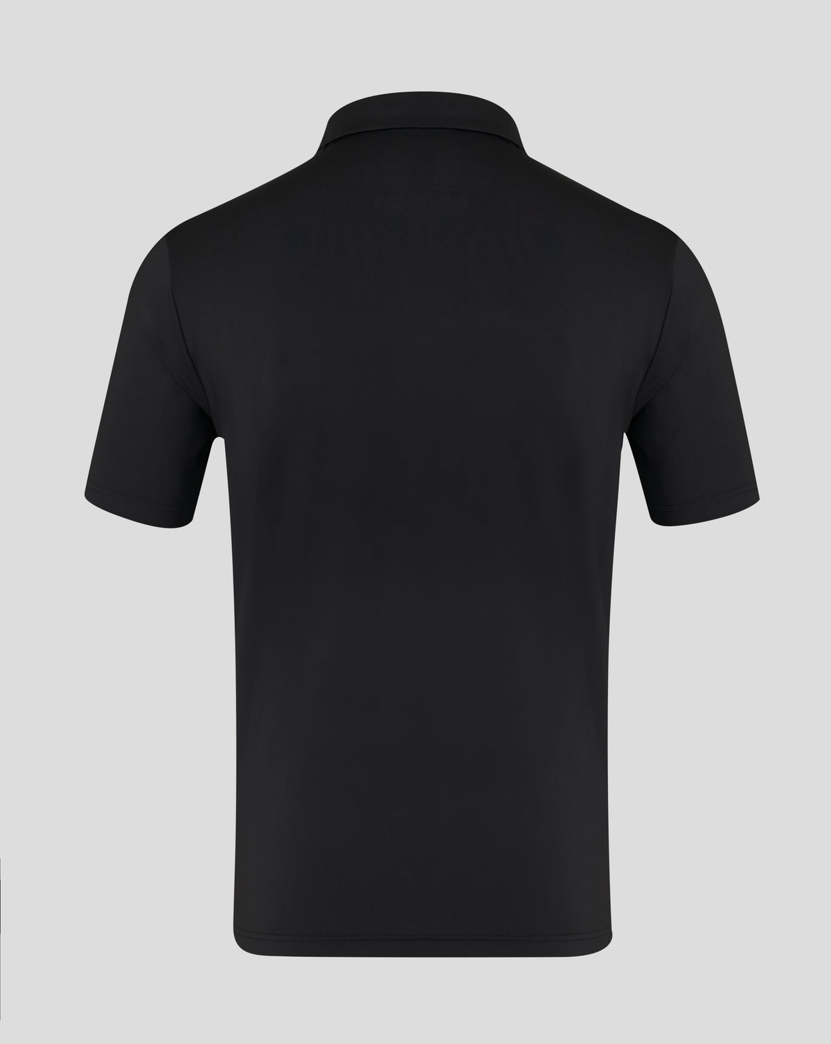 Back view of black polo shirt with clean silhouette and short sleeves