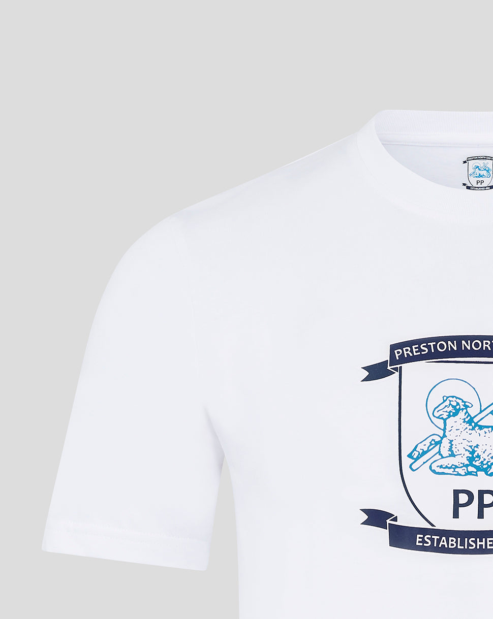 Front close up of white T shirt showing blue crest logo on chest
