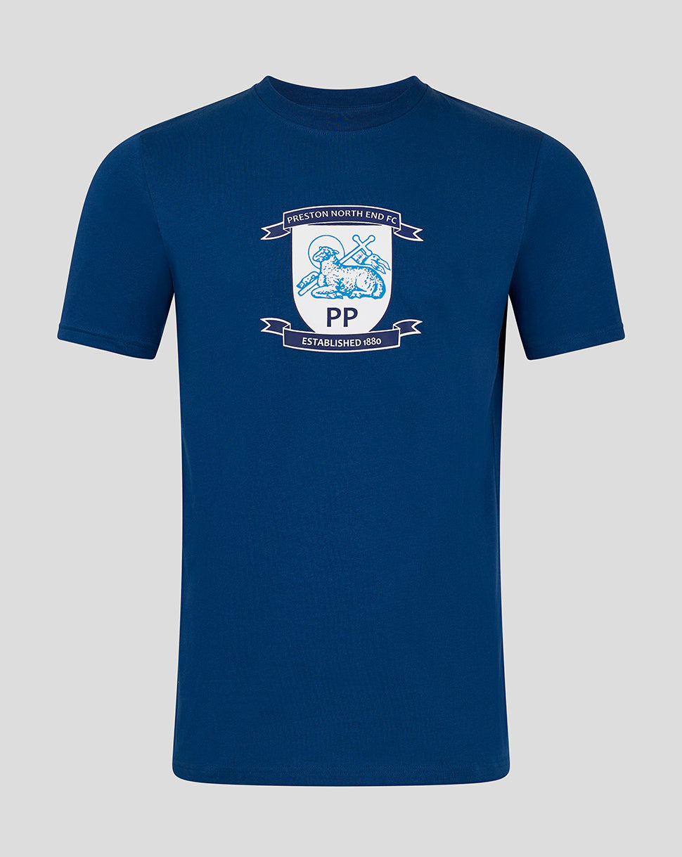 Front view of navy men's Crest T Shirt with Preston North End crest displayed on the chest.