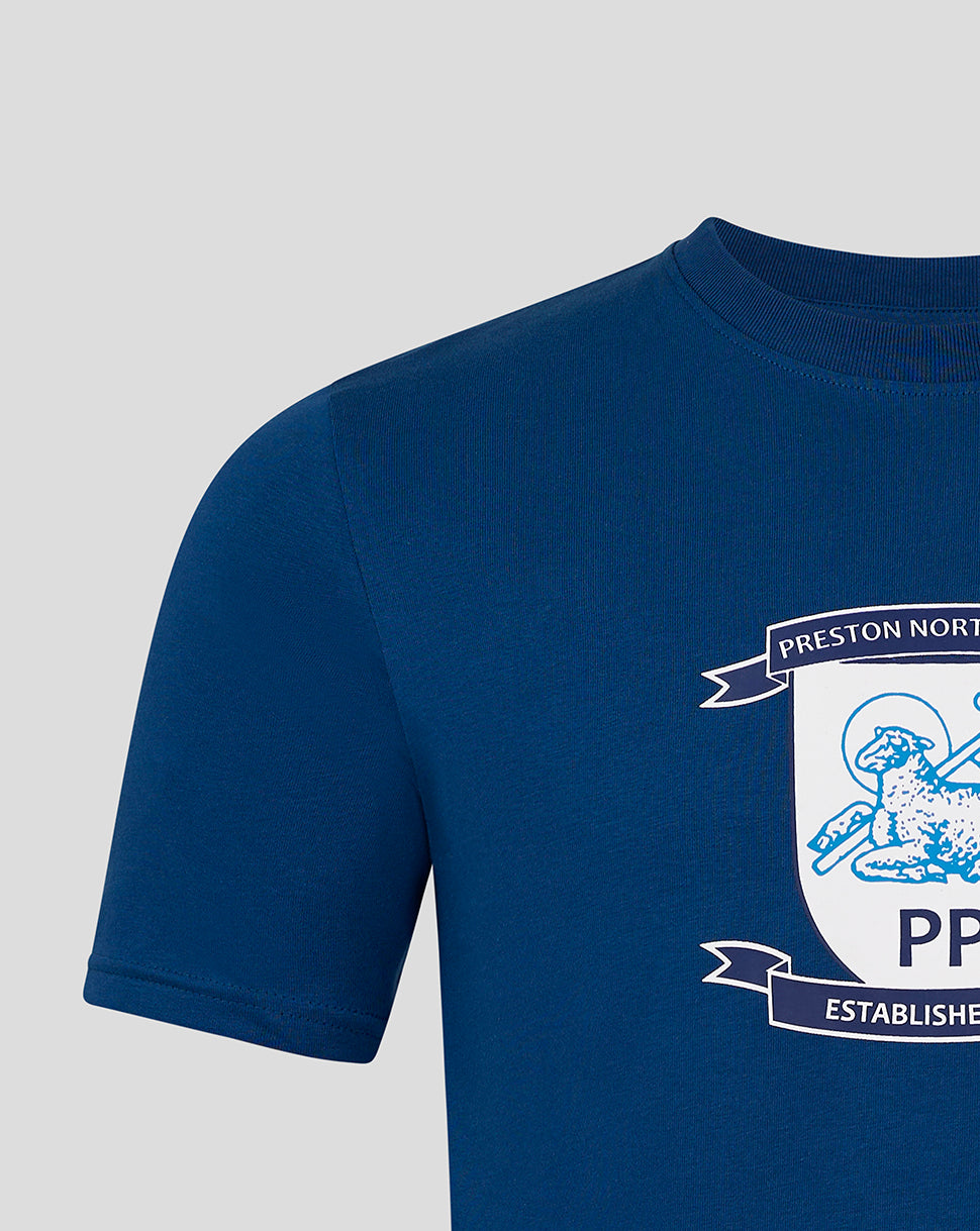 Navy short sleeve T shirt with Preston North End crest printed at the center chest