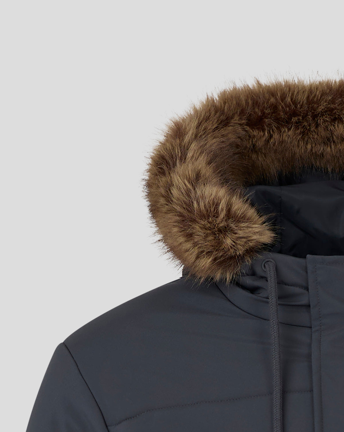 Close-up of fur hood trim on navy Parka