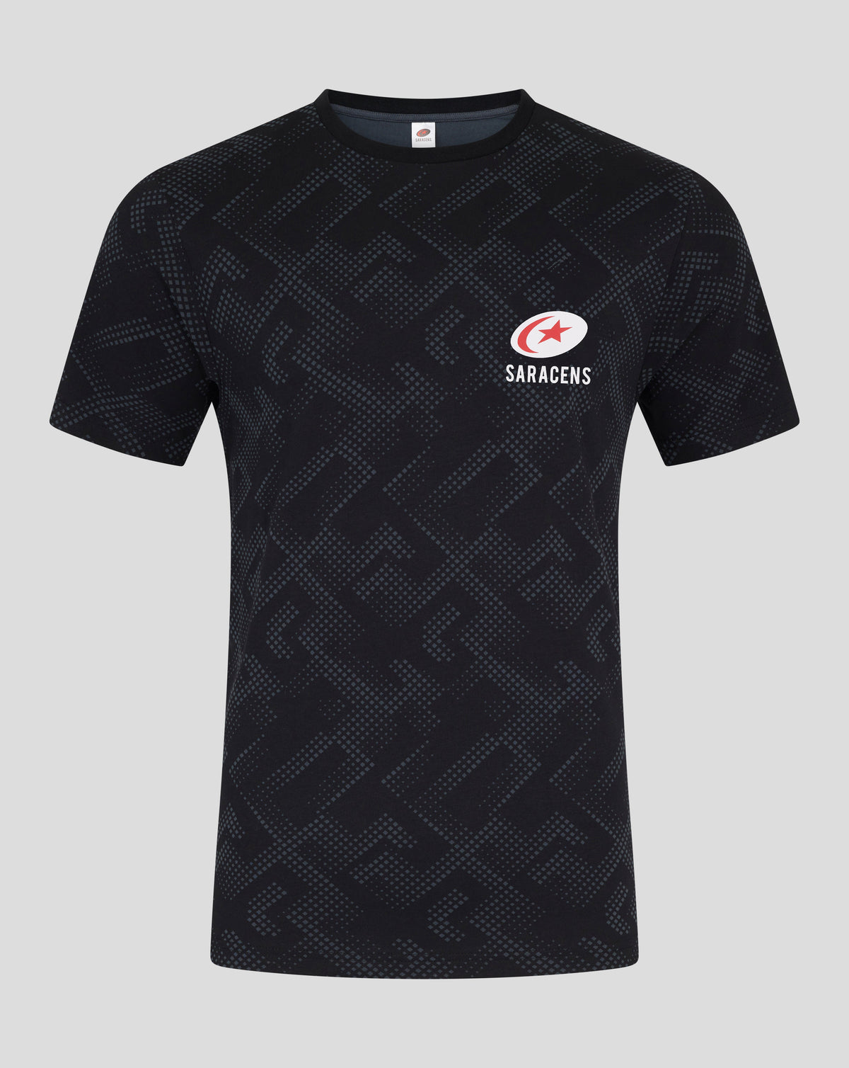 Navy short sleeve T shirt with allover geometric dot pattern and Saracens logo on the left chest