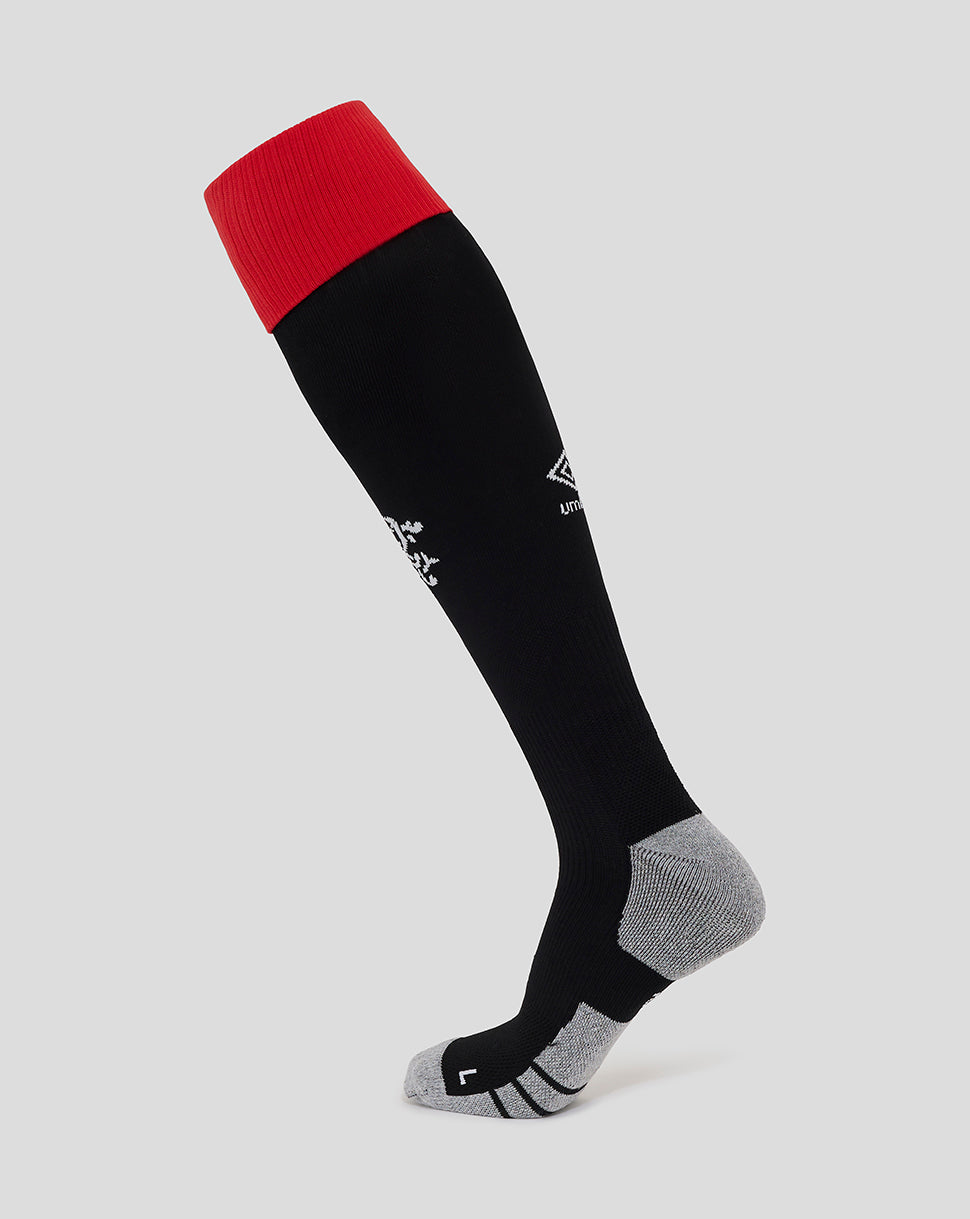 Rangers FC junior home sock black with grey heel and toe red cuff and white logo