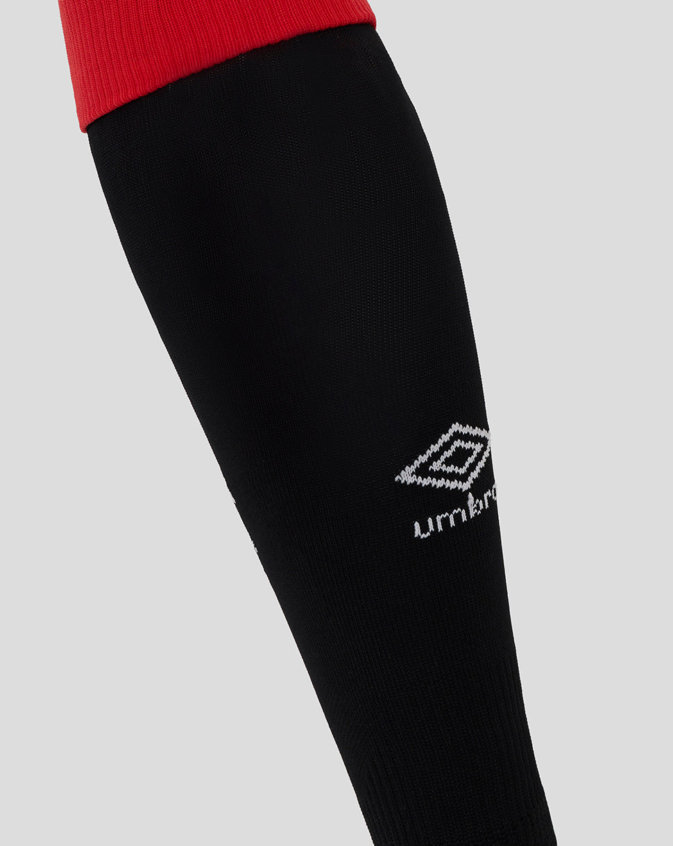Rangers FC junior home sock in black with white crest near the ankle and red cuff