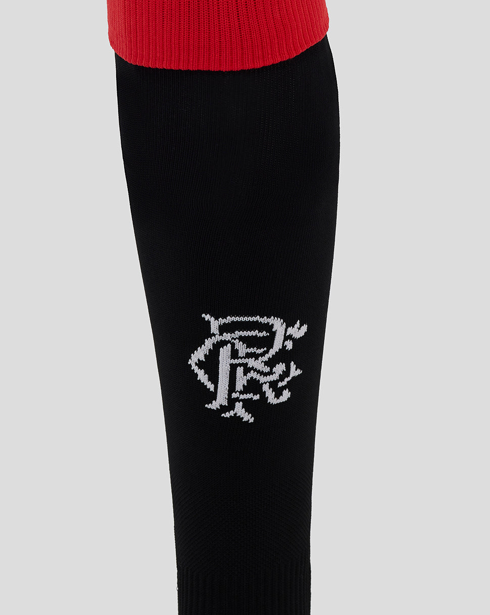 Close-up of black Rangers home sock showing a white embroidered logo on the calf area