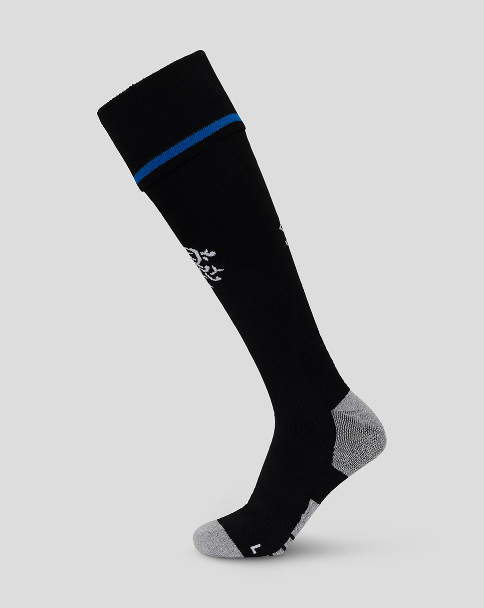 Rangers FC black knee-high sock with blue cuff stripe and gray heel and toe; shin crest visible